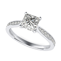 Cathedral Engagement Ring With Channel Set Side Stones And Scroll On The Side