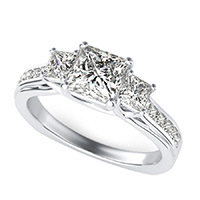 Amore Three Stone Trellis Square Shank Engagement Ring With Side Stones