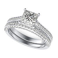 Cathedral Engagement Ring With Pave Side Stones & Matching Band